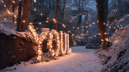 A serene winter scene featuring a glowing "You" sign adorned with lights, surrounded by snow and trees, creating a magical atmosphere perfect for romance or celebration.の素材