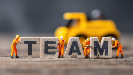Miniature construction workers assemble wooden blocks to form the word "TEAM," symbolizing collaboration and unity within the workplace. A toy truck enhances the scene.の素材
