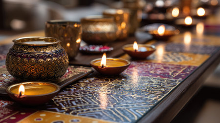 Experience the vibrancy of a traditional Diwali celebration with beautifully arranged lamps on an ornate table, creating a warm and inviting ambiance.の素材