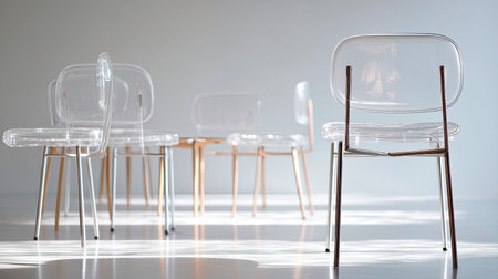 A set of modern transparent chairs placed in a bright, minimalist space, showcasing elegant design and contemporary aesthetics ideal for home or office environments.の素材