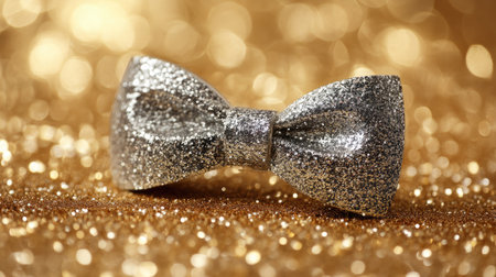 A dazzling silver bow tie rests on a sparkling gold background, perfect for adding elegance and charm to any special celebration or event.の素材