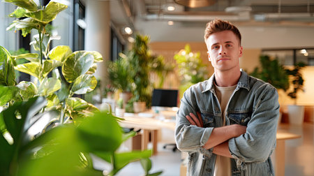 A confident young man stands in a modern office space filled with plants, showcasing a blend of professional and relaxed atmosphere.の素材