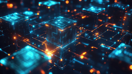 Discover a stunning abstract digital artwork featuring luminous blocks and vibrant neon lights, creating a captivating futuristic network landscape.の素材