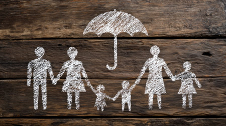 This image features a creative chalk drawing of a family holding hands under an umbrella, symbolizing love and protection. The rustic wooden background enhances the warmth of togetherness.の素材