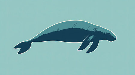 This artwork features a stylized illustration of a manatee swimming gracefully. The peaceful design emphasizes the calm nature of this gentle marine creature against a soothing blue background.の素材