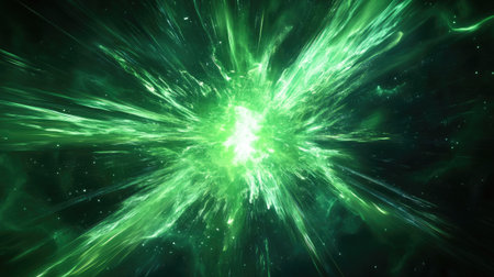Captivating green energy explosion radiates in a cosmic setting, showcasing dynamic motion and vibrant illumination. Perfect for creative and futuristic themes.の素材