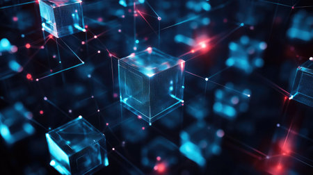 Immerse yourself in this vibrant digital network showcasing glowing cubes and bright neon lights. Perfect for technology and innovation themes.の素材