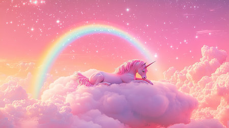 A serene and whimsical scene featuring a pink unicorn resting on a fluffy cloud, set against a vibrant rainbow and sparkling stars in a pastel sky.の素材