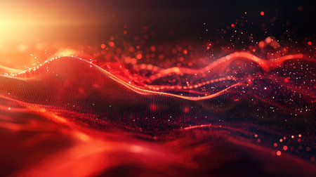 This stunning abstract image showcases vibrant waves of light with colorful particles in motion, creating a captivating digital scene perfect for backgrounds or visual designs.の素材