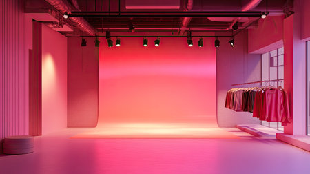 A stylish fashion studio featuring a vibrant pink backdrop and a clean, minimalist design. The space is perfect for showcasing clothing collections in an elegant and modern setting.の素材