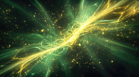 This stunning abstract image features an ethereal burst of light with vibrant green and gold energy patterns, creating a mesmerizing cosmic atmosphere. Perfect for digital artwork.の素材