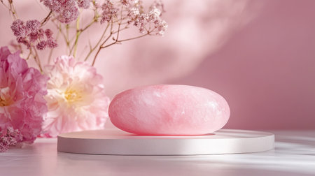 A beautifully polished pink gemstone rests on a sleek white pedestal, surrounded by soft pink flowers. This serene arrangement captures elegance and tranquility, ideal for wellness and beauty themes.の素材