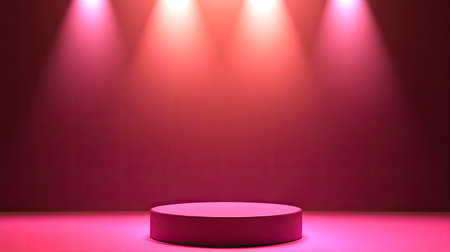 An empty stage featuring a circular platform illuminated by vibrant pink lights. This versatile backdrop is perfect for artistic presentations or creative events.の素材
