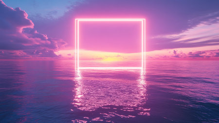 A mesmerizing view of a neon square frame over a calm ocean, capturing the beauty of a pastel sunset. This artwork evokes a peaceful and inspiring ambiance.の素材