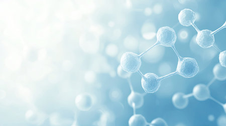 Elegant abstraction of molecular structures set against a soft blue backdrop with a bokeh effect, ideal for scientific and technological themes.の素材
