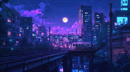 A stunning night cityscape showcasing illuminated buildings under a full moon. Vibrant neon lights create a captivating urban atmosphere, perfect for art and travel themes.の素材