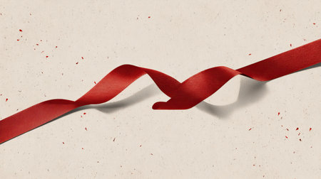 A beautiful red ribbon elegantly twists against a soft neutral background, perfect for holiday themes, celebrations, or creative design projects.の素材