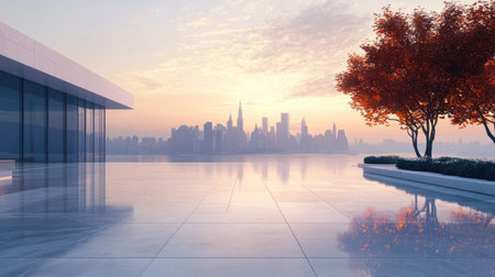 A stunning urban landscape featuring modern architecture contrasting with colorful autumn trees at sunset. The peaceful scene captures reflections on the water, creating a sense of tranquility.の素材