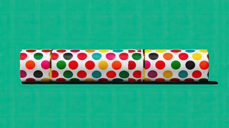 This vibrant polka dot wrapping paper roll features an array of colorful dots on a white background, perfect for birthday gifts or festive occasions. Brighten up your creations!の素材