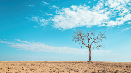 A striking image of a solitary dead tree set against a vibrant blue sky, showcasing the effects of drought on cracked earth. Ideal for environmental themes.の素材