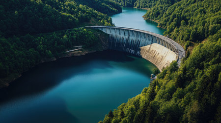 Stunning aerial view of a dam with lush green trees and clear blue water. The serene landscape showcases the harmony between engineering and nature, perfect for eco tourism.の素材