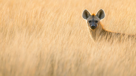 A curious hyena stands in a vast golden grassy field during sunset. Its alert expression and surrounding environment evoke a sense of peace in the wilderness.の素材
