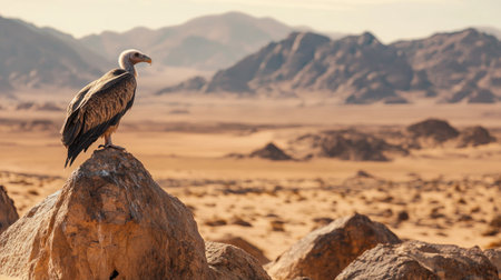 A majestic vulture stands on a rock in a serene desert landscape, bathed in soft sunlight during sunset, showcasing the beauty of nature and wildlife.の素材