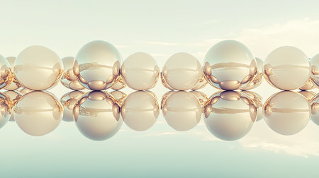This image features soft reflective spheres arranged in a minimalist setting, creating a serene and elegant atmosphere. Perfect for modern design themes.の素材