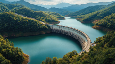 A stunning aerial view of a large dam nestled within lush green mountains. The vibrant water of the reservoir reflects the serene sky and clouds, embodying natural beauty.の素材