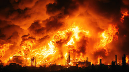 A dramatic scene of a large industrial fire with towering flames and thick smoke. The fiery explosion showcases the danger and chaos of an emergency situation.の素材