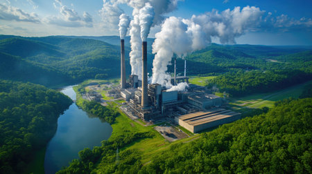 Aerial view of an industrial power plant with smoke billowing, surrounded by lush greenery. The contrasting elements highlight ongoing energy production and environmental impact.の素材