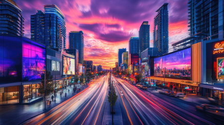 A stunning cityscape featuring a vibrant sunset, with colorful skies illuminating the skyline. Busy streets show dynamic motion, traffic, and urban life.の素材