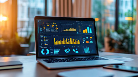 A sleek laptop with a vibrant data analytics dashboard sits on a wooden table. The screen features colorful charts and graphs, showcasing business insights in a modern workspace.の素材