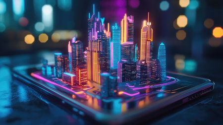 A vibrant and colorful futuristic cityscape sits atop a smartphone screen, showcasing intricate neon lights and modern architectural designs.の素材