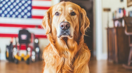 A golden retriever poses proudly in a cozy home with an American flag backdrop, radiating loyalty and love in its warm gaze. Ideal for pet and home themes.の素材