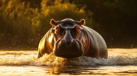 A hippo gracefully rises out of the water during sunset, showcasing its majestic presence. The warm light highlights the serene landscape, creating a peaceful atmosphere.の素材