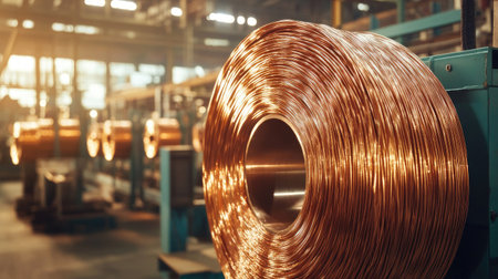 A vibrant copper coil rests on machinery in a modern manufacturing plant, showcasing the intricate process of wire production and industrial craftsmanship.の素材