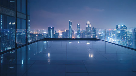 A stunning urban skyline at night featuring modern architecture and city lights. The scene captures the vibrant atmosphere of a bustling metropolis, perfect for showcasing urban life.の素材