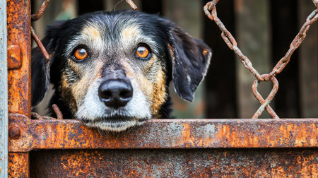 A sad dog gazes through a rusty fence in a shelter, evoking emotions of vulnerability and hope for a loving home, showcasing the importance of animal rescue.の素材