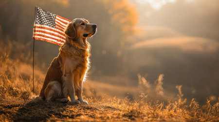 A golden retriever sits proudly beside an American flag, illuminated by warm golden sunlight in a serene outdoor setting, embodying loyalty and patriotism.の素材