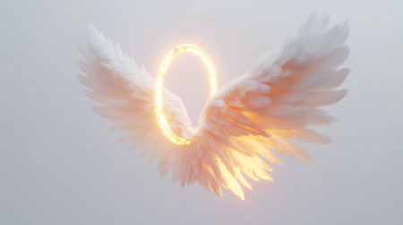 This stunning image features angelic wings with a warm glowing halo, set against a soft and dreamy background. Perfect for themes of spirituality and inspiration.の素材