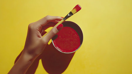 A vibrant composition featuring a hand holding a brush above a bowl of rich red paint, set against a bright yellow background. Perfect for artistic themes.の素材