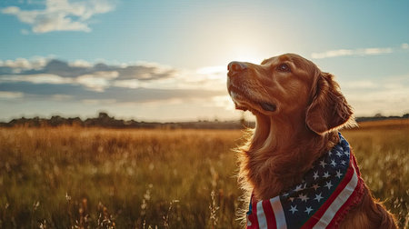 A golden retriever gazes into the distance, wearing an American flag scarf in a sunny field. The scene captures feelings of freedom and companionship.の素材
