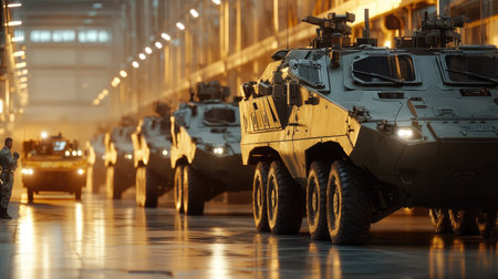 A stunning view of armored vehicles lined up in a spacious military warehouse, illuminated by warm lighting, showcasing advanced technology and design.の素材