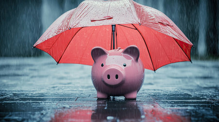 A cheerful piggy bank sits beneath a vibrant red umbrella, symbolizing the need for financial protection on rainy days. This image captures the essence of savings amidst challenging times.の素材