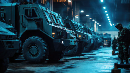 A captivating view of military vehicles lined up in an industrial warehouse, highlighting soldiers in tactical gear. The moody lighting enhances the atmosphere of readiness and strength.の素材