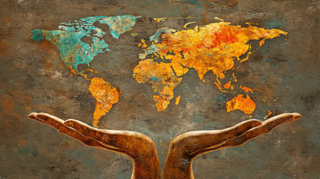 Hands cradle a colorful world map, showcasing an abstract and earthy style. This artwork symbolizes unity, support, and the beauty of global connection.の素材