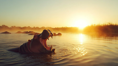 A stunning scene of a hippo yawning in a river during sunset, surrounded by mist and natural beauty. This tranquil moment captures wildlife in its serene habitat.の素材
