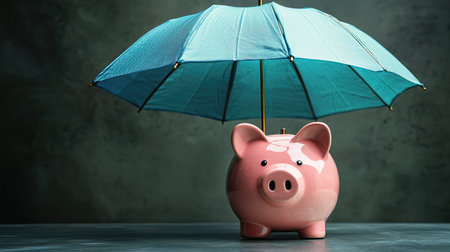 A piggy bank sits beneath a blue umbrella, symbolizing the idea of financial protection. This creative representation emphasizes safety in savings and careful budgeting.の素材