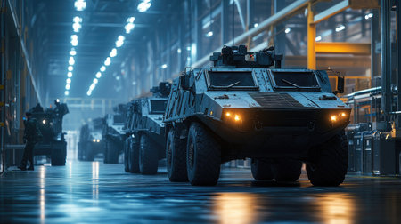 A dramatic scene of military vehicles lined up in a vast industrial warehouse, showcasing modern technology and imposing design against a dimly lit background.の素材